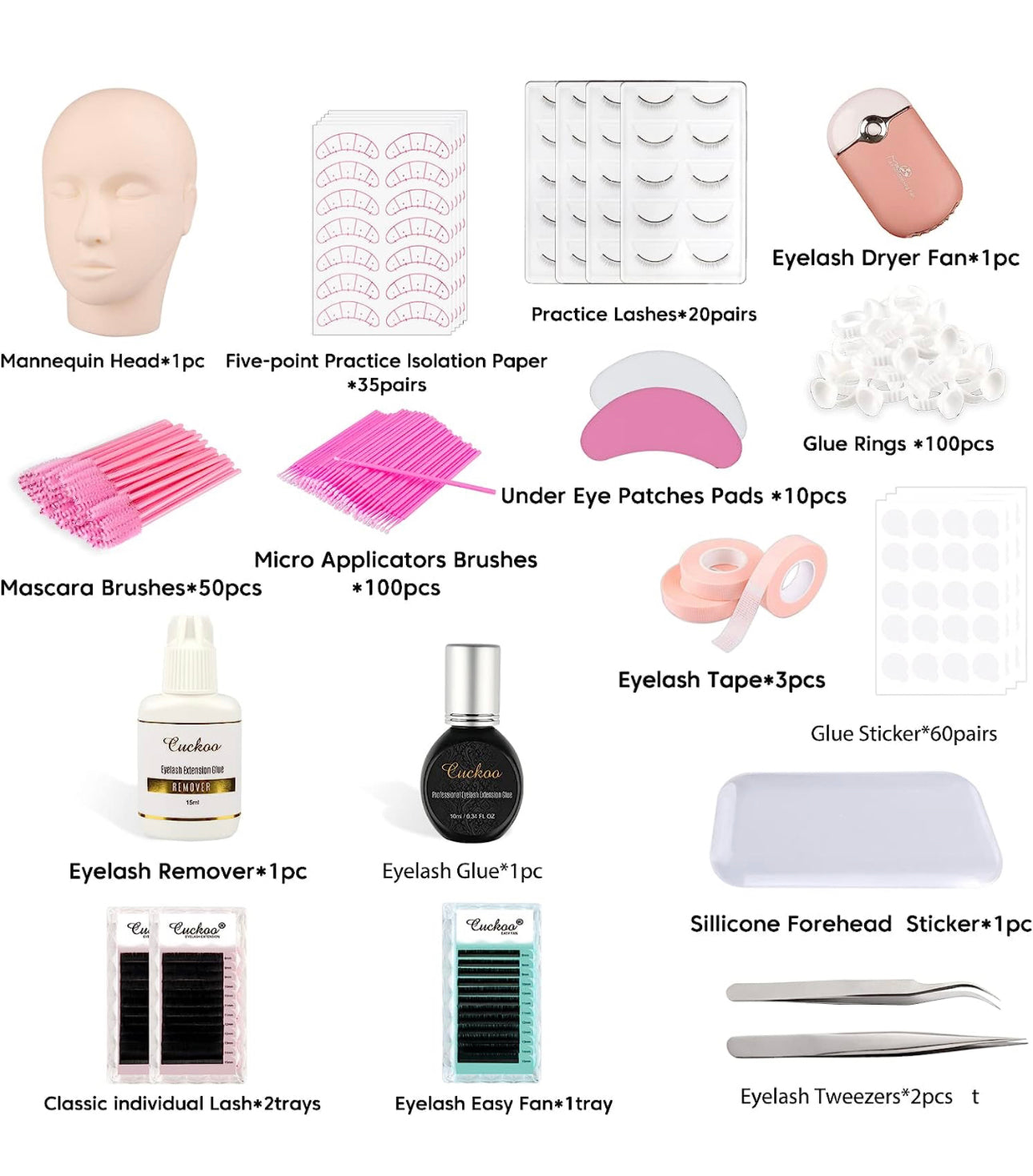 Cuckoo Eyelash Extension Kit with Mannequin Head Practice Exercise Set Training