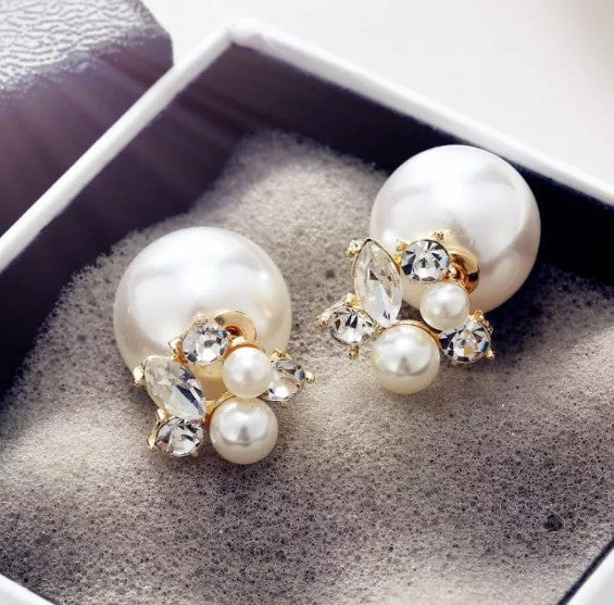 Fashion Double Side Shining Pearl Stud Big Pearl Rhinestone Earrings #2