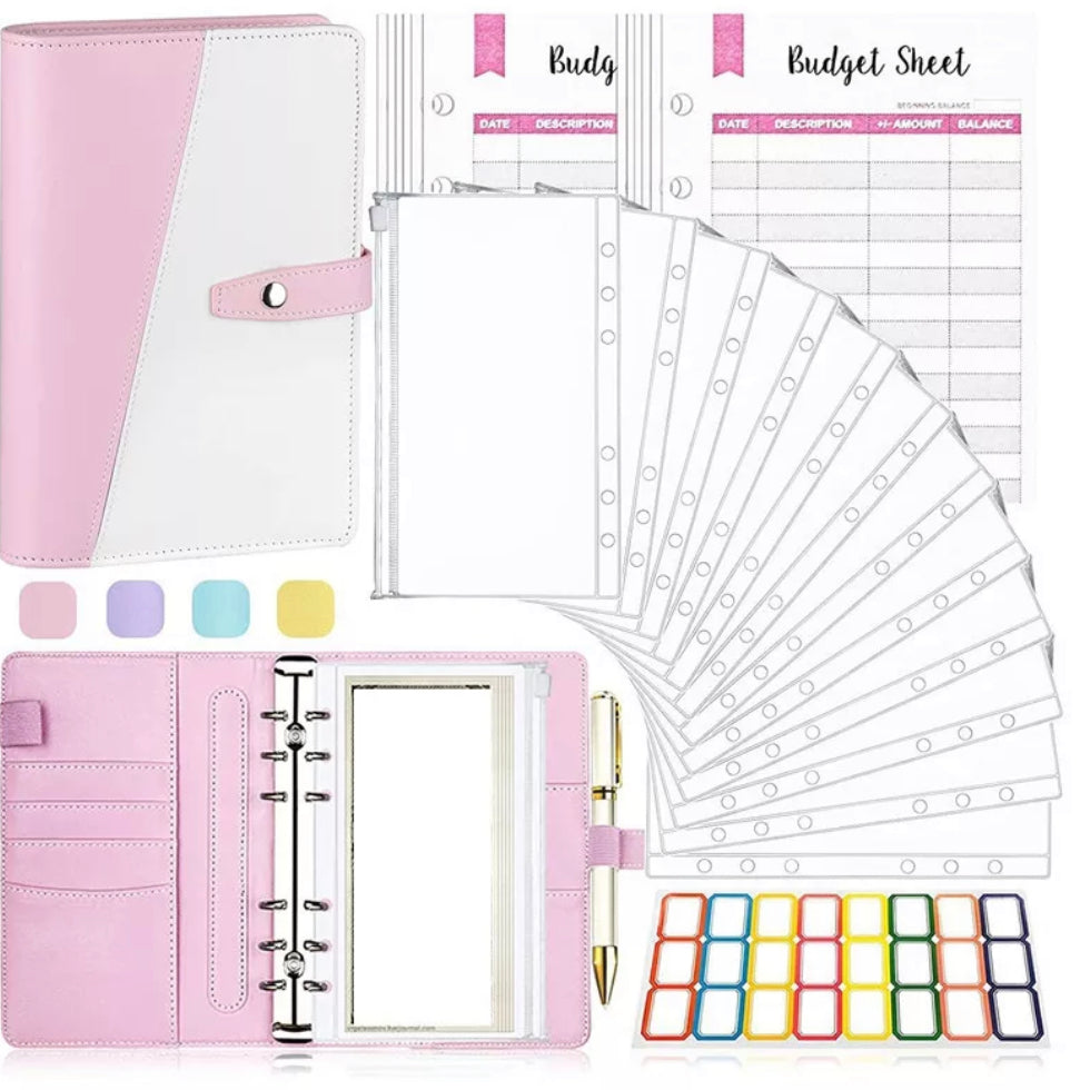Leather Binder Budget Notebook Planner Organizer with Letter Stickers/Labels and Expense Sheet