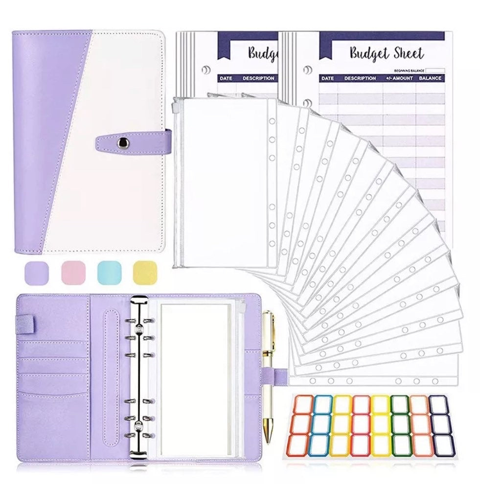 Leather Binder Budget Notebook Planner Organizer with Letter Stickers/Labels and Expense Sheet